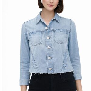 LAGENCE Denim Jacket Women’s Large Light Wash Everyday Casual Raw Hem Slim Fit
